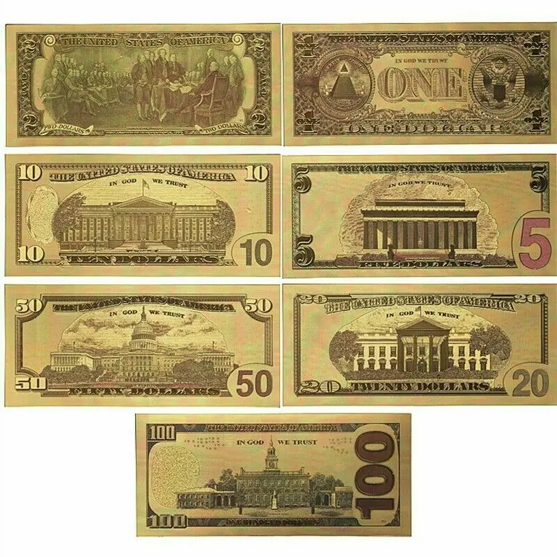 50set 7pc/set USD 1/2/5/10/20/50/100 Gold Dollar Bill Full Set Banknote Colorful | Дом и сад