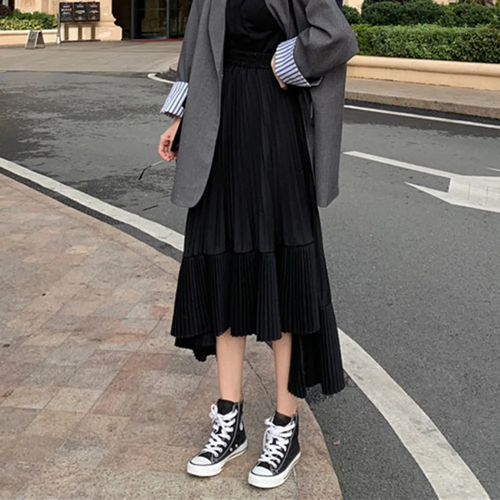 

Japanese Korean Version Skirt 2021 Spring Summer Loose Casual Chiffon Irregular Pleated Solid Color High Waist