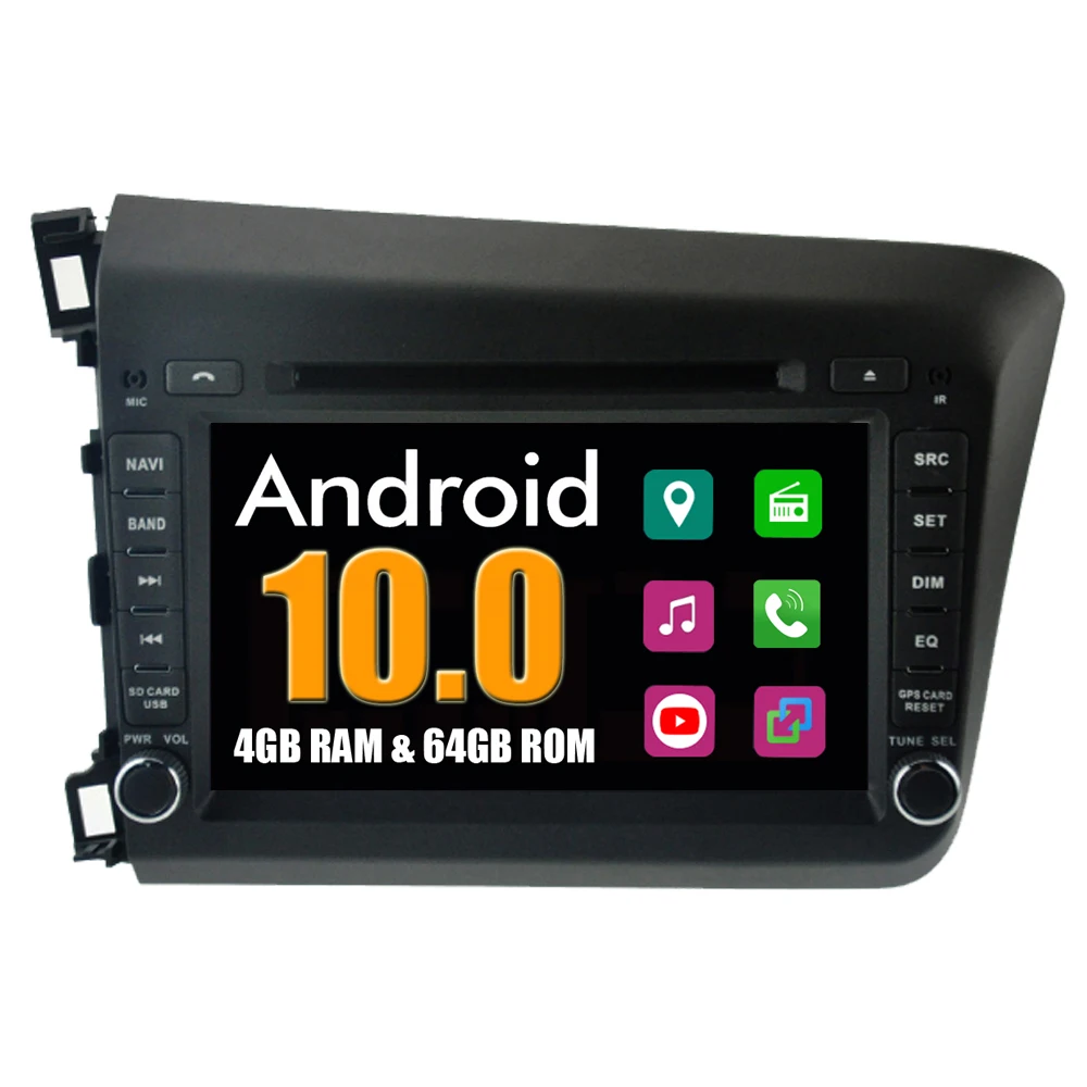 Автомобильный мультимедийный плеер RoverOne для Honda Civic 2012 2013 2014 Android 10 4G + 64G