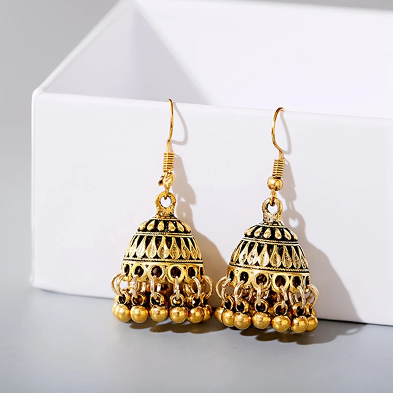 

Retro Indian Bollywood Kundan Jhumka Jhumki Drop Earrings For Women Gold Color Bell Tassel Dangle Earring Gypsy Fashion Jewelry