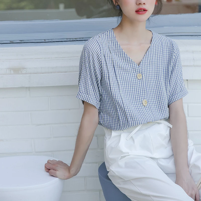 

HziriP 2021 Summer New Office Lady Retro Short Shirt Open Stitch Button V-Neck Blouse Striped Temperament All-Match Sweet Girl