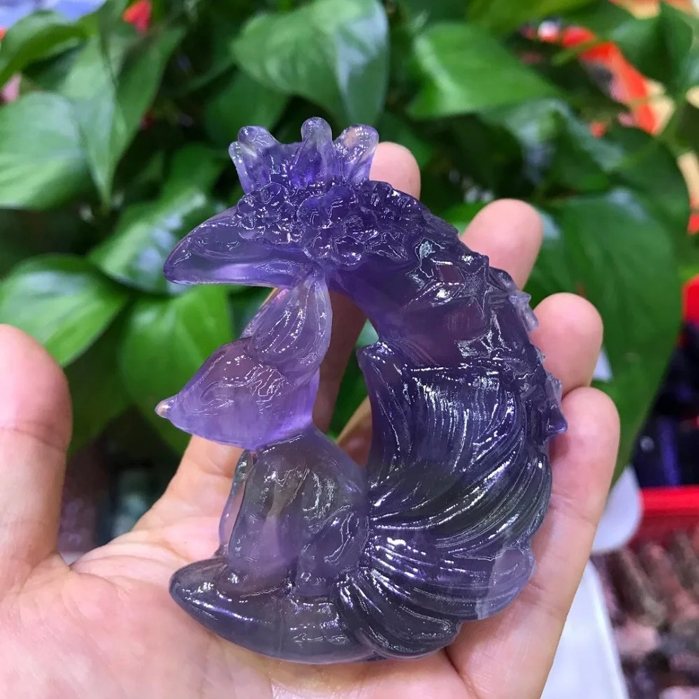 

Natural Stone Fluorite Carving Moon Fox Fairy Crystal Animal Figurine Marriage Friendship Quartz Mineral Home Decoration Gift