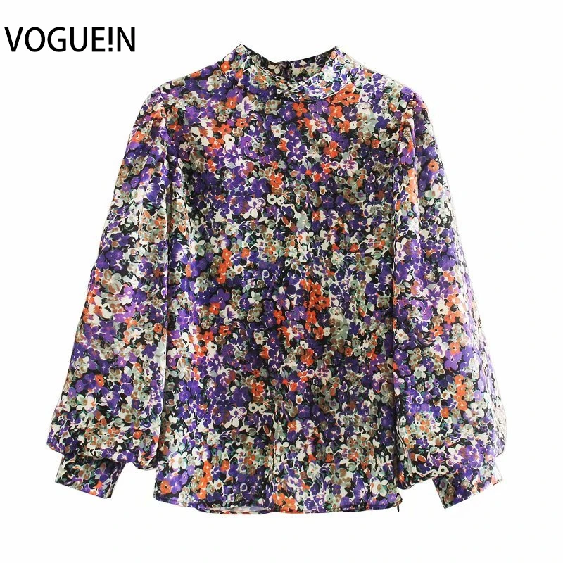 VOGUEIN Новый женский винтажный цветочный принт с длинным рукавом фиолетовый