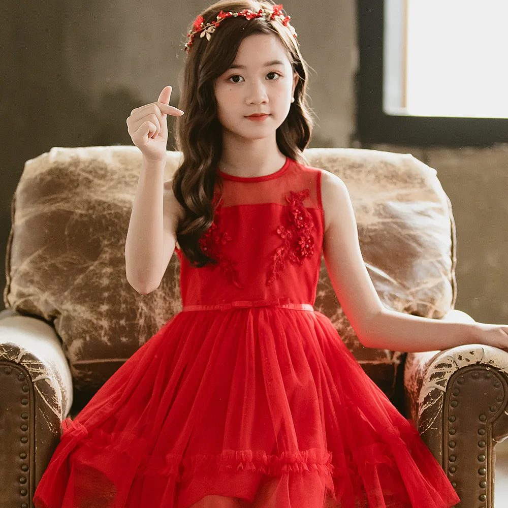 

Children's Girls' Dresses Summer Big Middle And Small Children Gauze Princess Dress Show Skirt White Red Gauze Dress