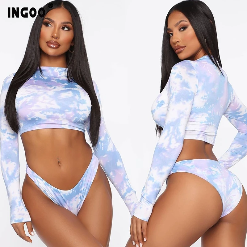 

Long Sleeve Print Top Bikini Set Women O Neck Tie Dye Prints Short Sexy Ladies Suit Street Wear Fashion Swim Suit