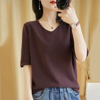 t shirt women 2021 new summer pure cotton knitted sweater half sleeve women casual plus size tops v neck pullover tees