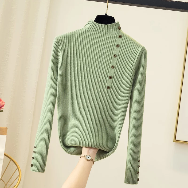Осень 2021 Новые вязаные женские свитера водолазка одноцветные на пуговицах