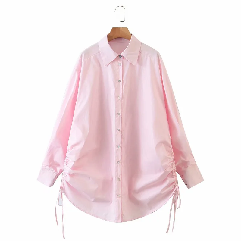 

2020 Women Autumn Long Sleeve Za Pink Poplin LooseBlouse Chic Lady Fashion Side Drawstring Single Breasted Long Shirts Femme