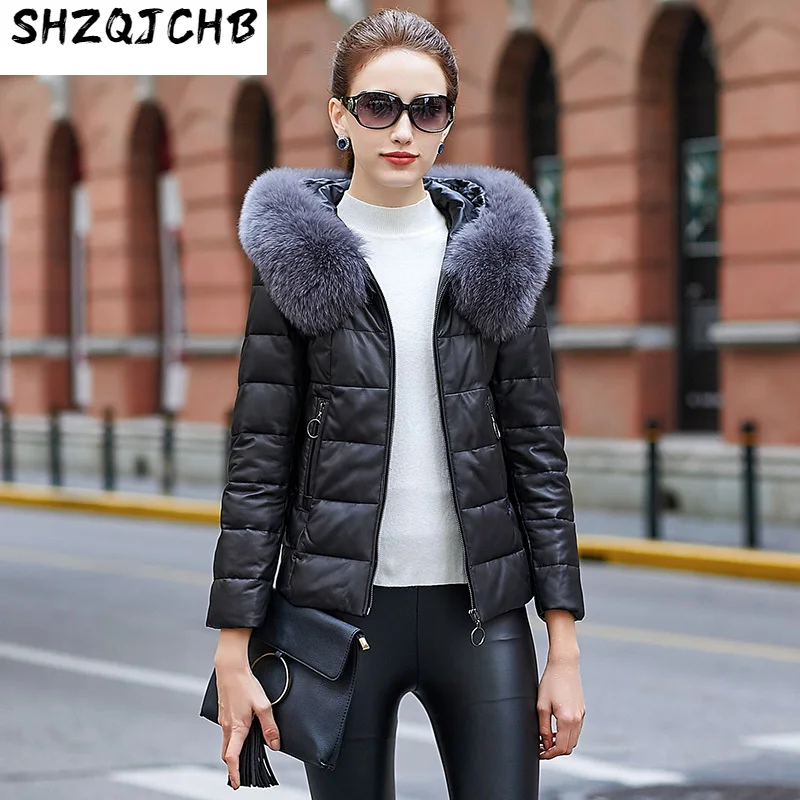 

SHZQ женское короткое приталенное пальто из овечьей шкуры с воротником из лисьего меха кожаный пуховик зимний новый стиль