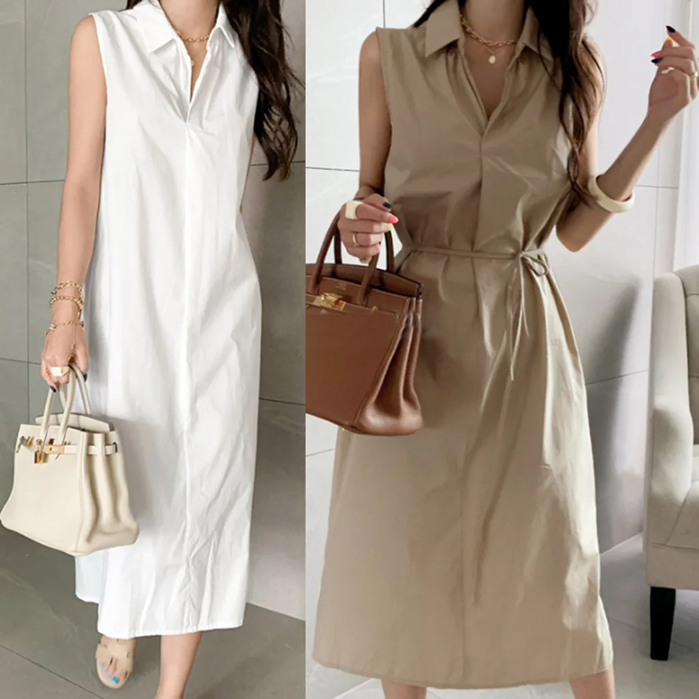 

Summer Plain Women Sleeveless Dress Korean Office Lady Work Long Robe Female Casual 2021 Straight Maxi Dresses Femme Vestidos