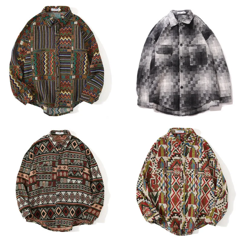 

Long Sleeve Streetwear Tops Coats Knitted Shirts Harajuku Bandana Paisley Pattern Flowers Button Shirt Hip Hop Casual 35
