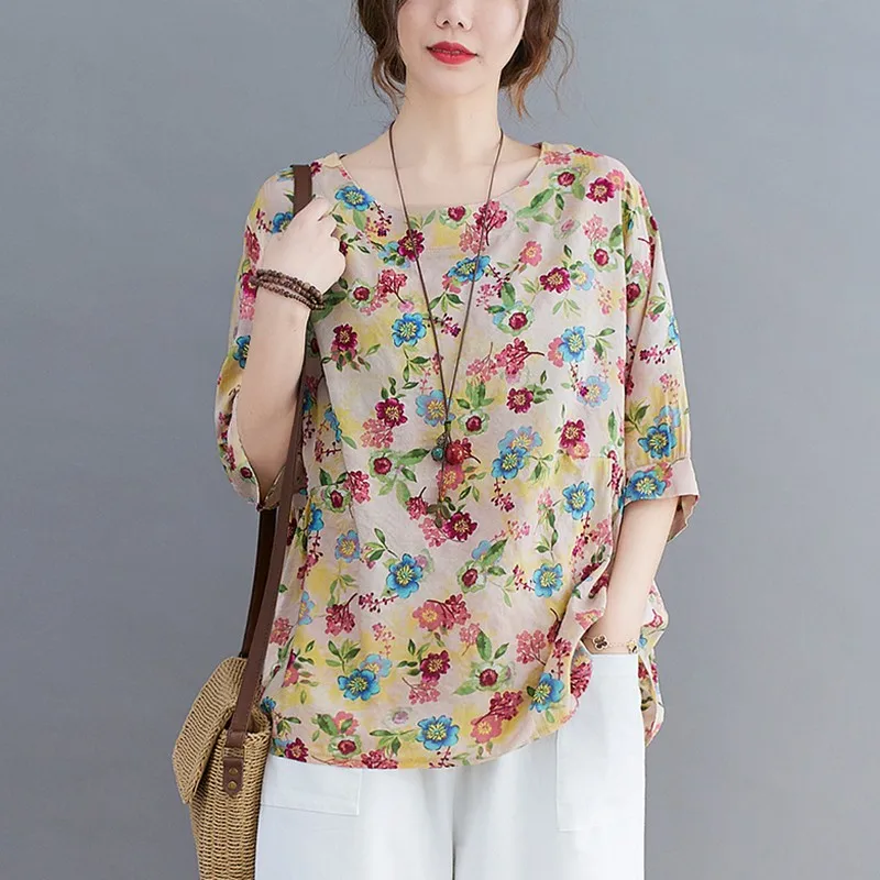 

Women Summer Cotton Linen Casual T-shirts New Arrival 2021 Vintage Style Floral Print Loose Female Half Sleeve Tops Tees B633