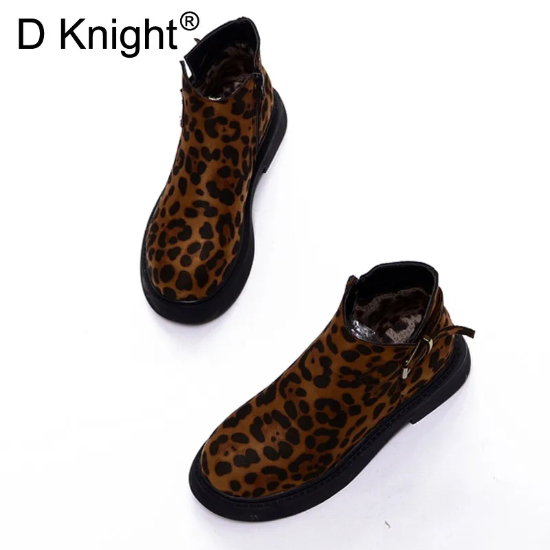 Женские ботинки с круглым носком леопардовой расцветки и пряжкой|Женские