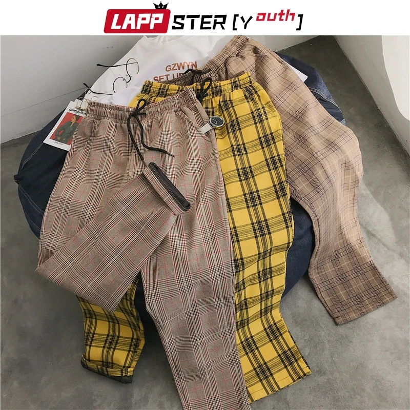 

LAPPSTER-молодежная уличная одежда, черные клетчатые брюки, мужские прямые шаровары для бега 2021, мужские корейские брюки в стиле хип-хоп большог...