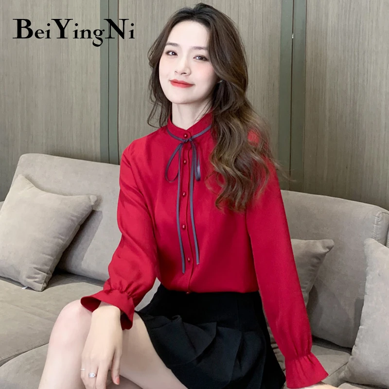 

Beiyingni Spring New Fashion Korean Chiffon Shirts Womens Slim Solid Lace-up Basic Blusas Female Single-breasted Shirt Woman OL