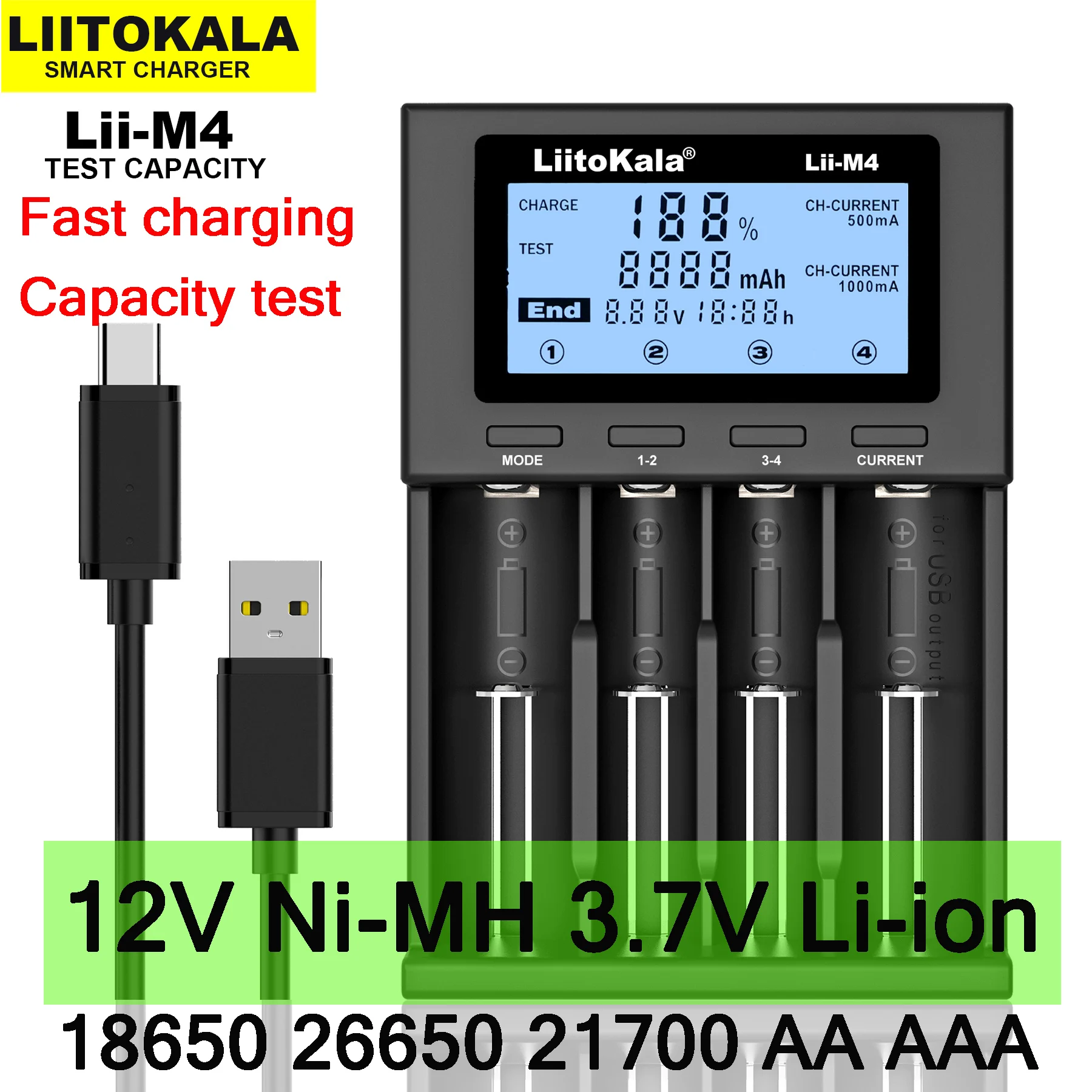 

liitokala Lii-M4 18650 charger lcd display universal smart charger test capacity for 3.7v 26650 18650 21700 aa aaa etc 4slot