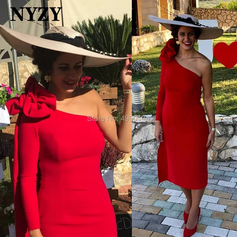 

Lycra One Shoulder Long Sleeve Red Mother of the Bride Groom Dresses NYZY C216 Wedding Party Formal Dress Robe Soiree 2019