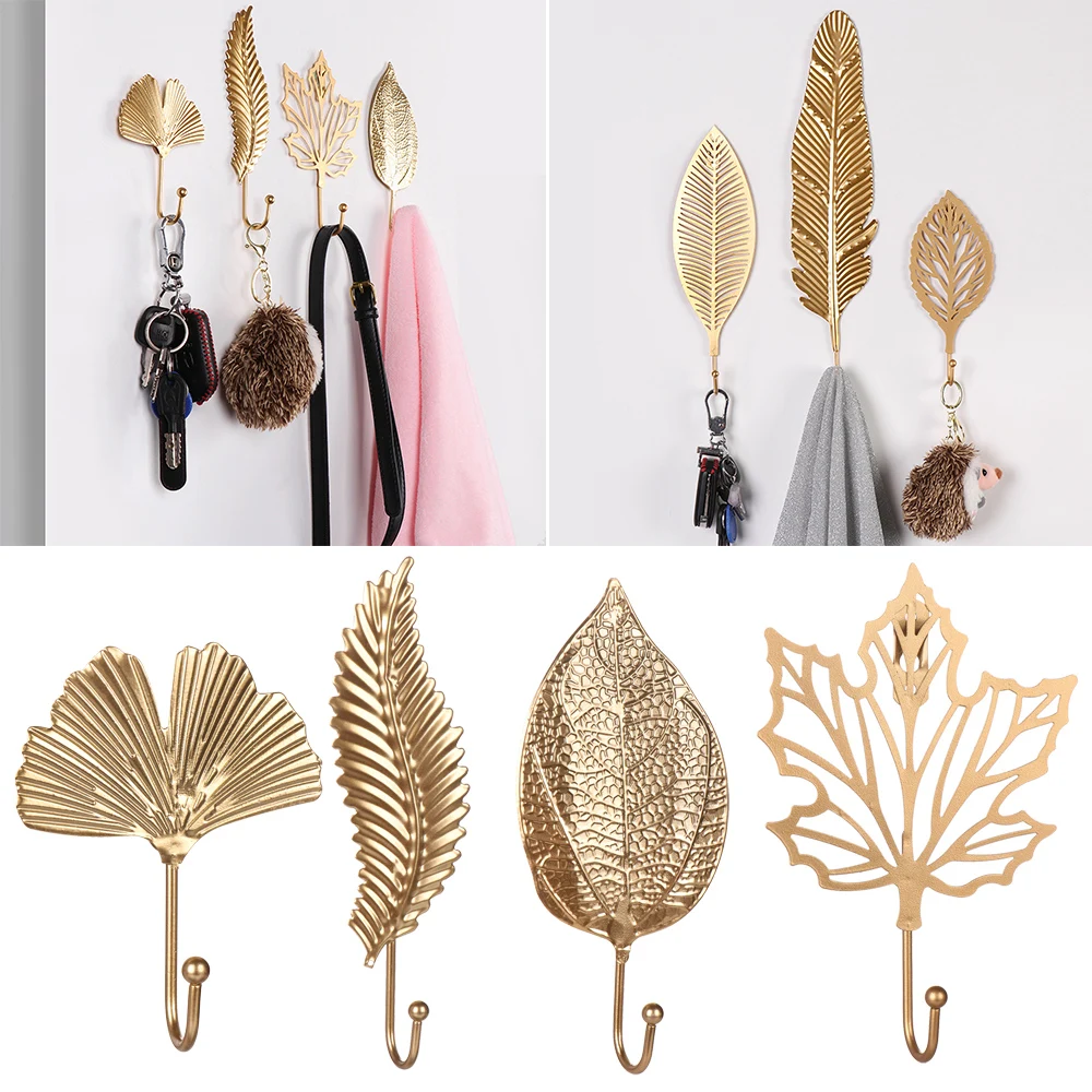 1PC Nordic Style Gold/Green Leaf Shape Wrought Iron Hook Home Bathroom Wall Hanger For Towel Clothes Key Hanging Storage Rack