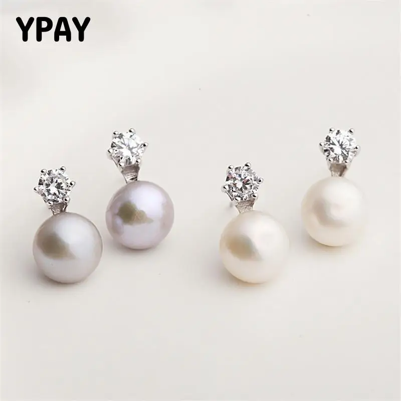

YPAY 100% Genuine 925 Sterling Silver Stud Earrings for Women Korea Freshwater Pearl Zircon Earring Fine Party Jewelry YME625