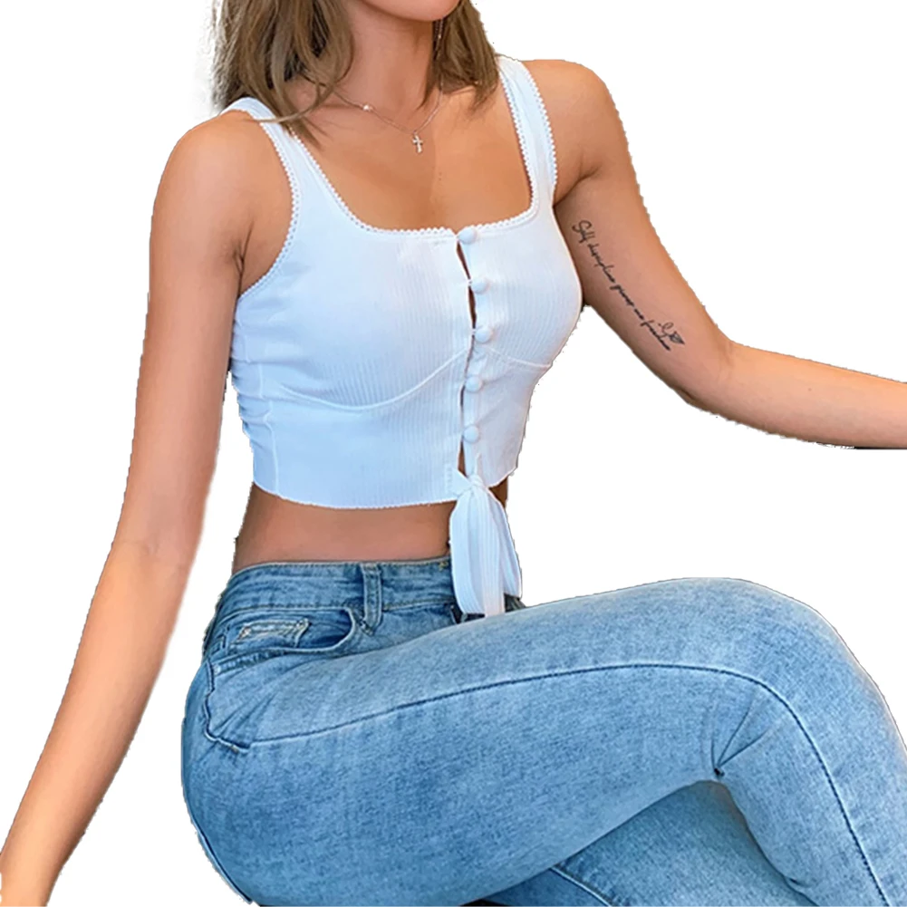 Летний женский пикантный кроп топ модный однотонный короткий без рукавов на