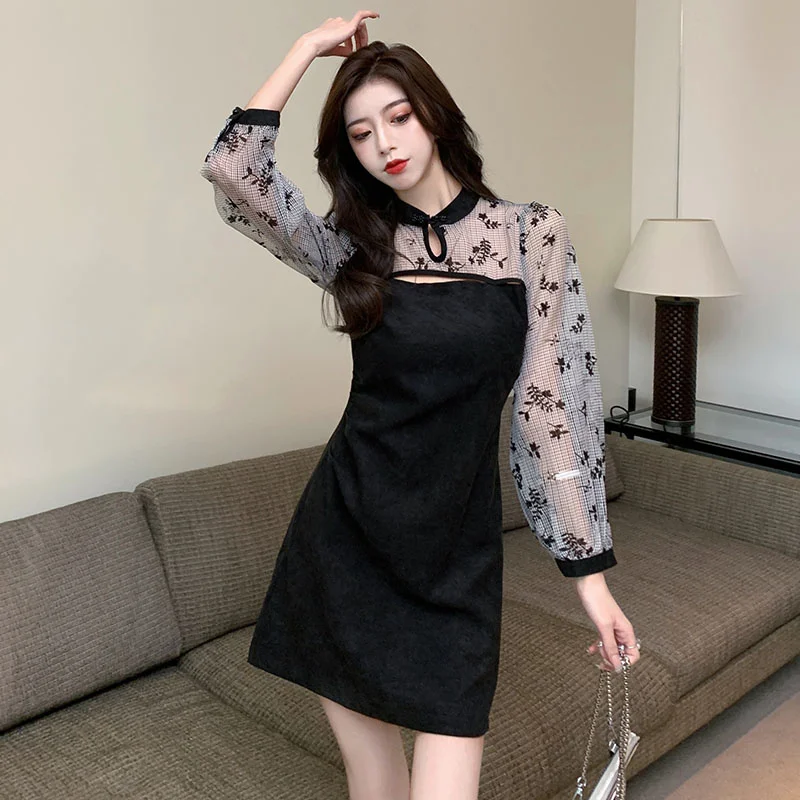 

Chic Design Skirt 2021autumn and Winter New Versatile Niche Mesh Stitching Elegant Cheongsam Dress for Women