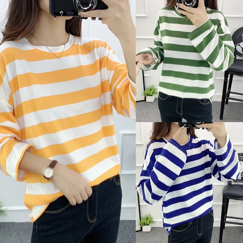 Полосатые женские футболки средней длины Повседневная футболка тонкий Топ с