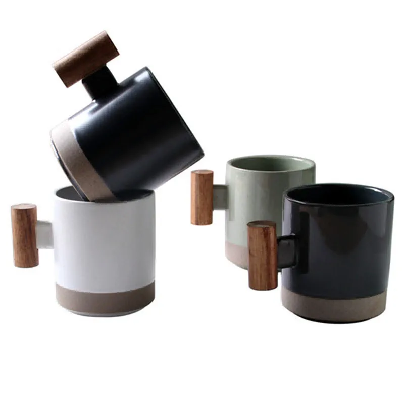 

Household creative personality Korean ceramic water Cup with wooden handle Mug Coffee breakfast milk tea oat cup