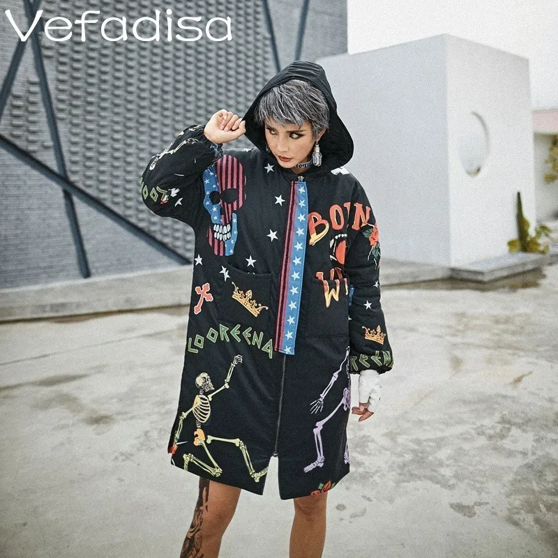 Vefadisa, 5 стилей, Женское пальто с мультяшным принтом, зима, женская черная Толстая зимняя парка с капюшоном, женское хлопковое пальто DQ632