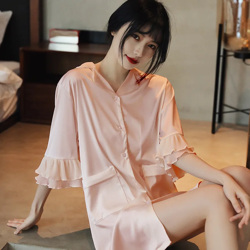 Атласная летняя новая Домашняя одежда ночная рубашка с расклешенными рукавами
