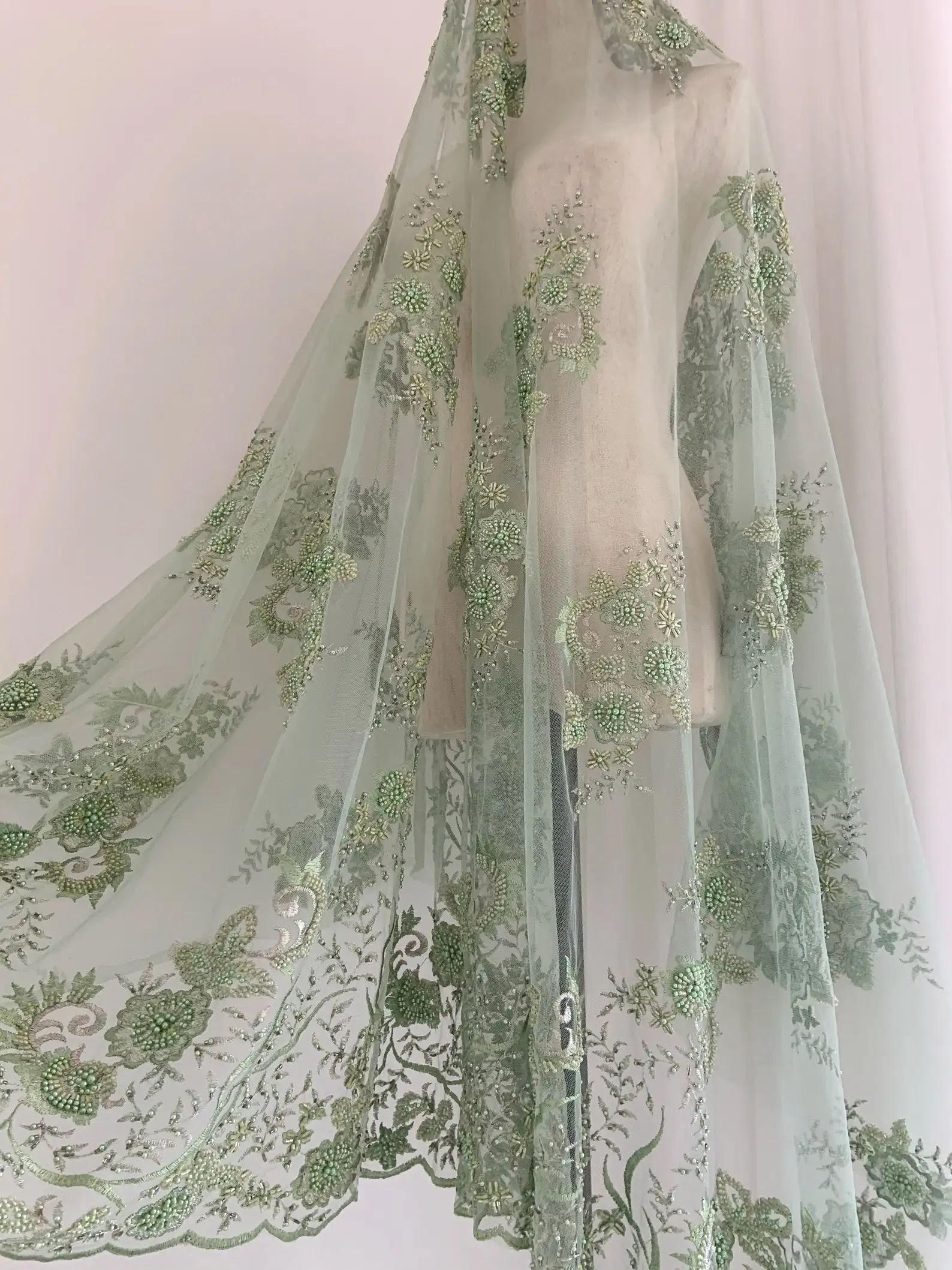 

Green French Lace Fabric With Florals Heavy Bead Tulle Lace Fabric by the yards
