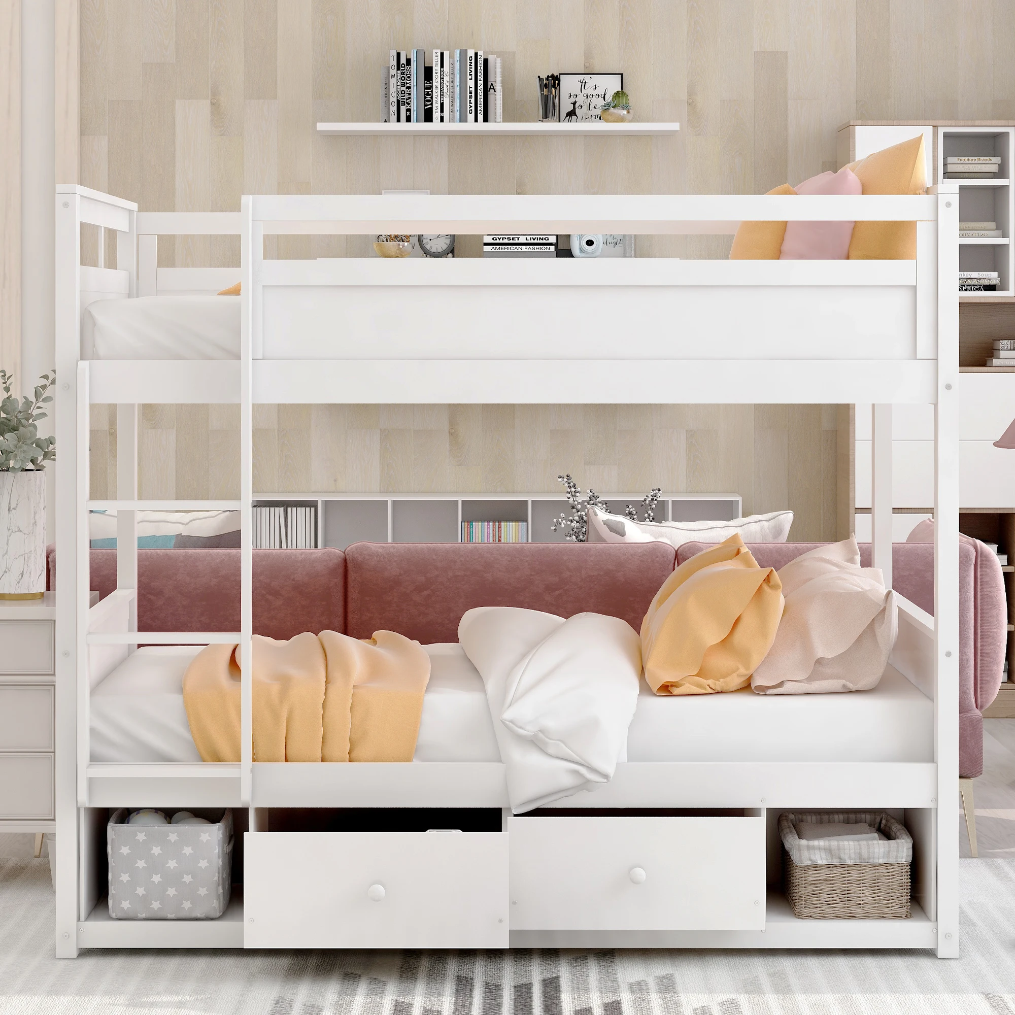 

Twin over twin bunk bed, with two drawers and two storage, white (New)