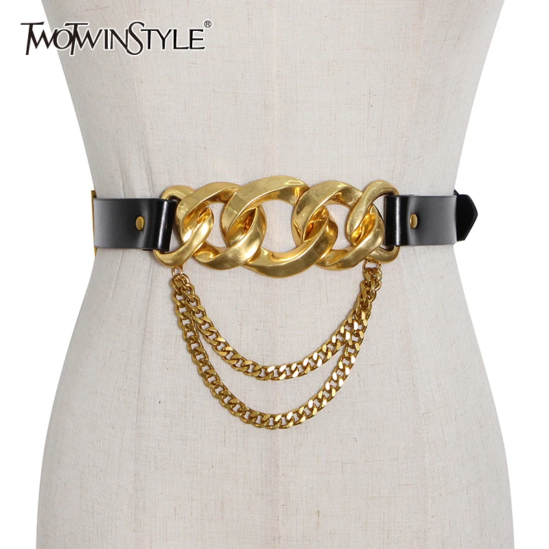 

TWOTWINSTYLE Patchwork Chain Casual Girdles For Women PU Leather Hit Color Elegant Accessories Female Girdle 2020 Fashionable