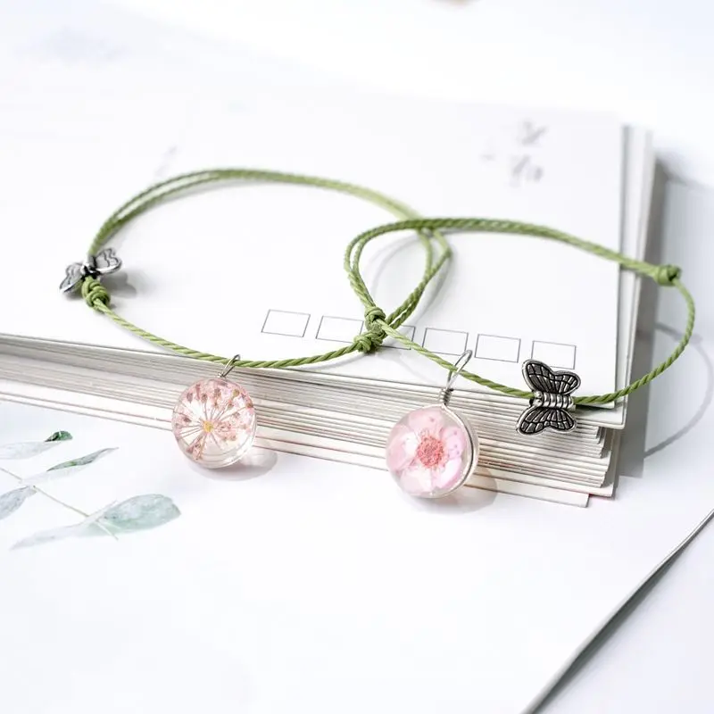

2 Pieces Simple Personality Flower Bracelet for Girl Friends Peach Blossom Gypsophila Dandelion Bracelet Female Jewelry