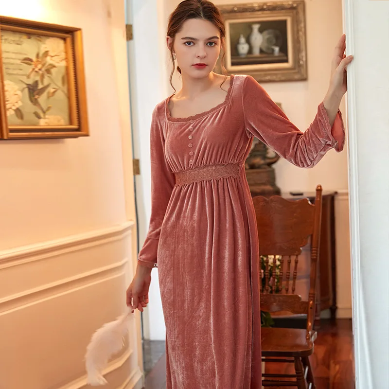 

Maison Gabrielle Fall Winter Vintage French Velvet Chemise Nightgown Nightdress Square Collar Long Dress Long-Sleeve Longewear