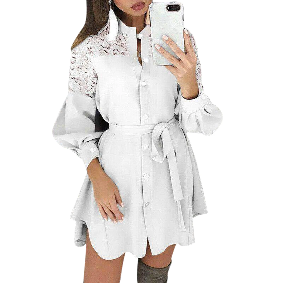 Женское кружевное платье до бедра с V образным вырезом и длинным рукавом поясом