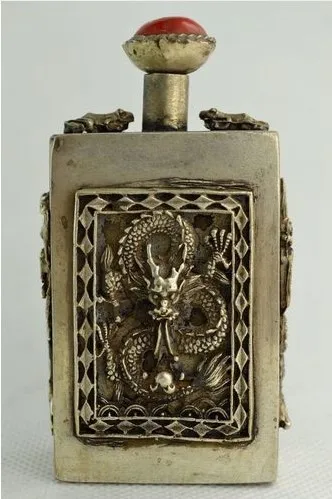 Metal Crafts Old Collectibles Decorated Handwork Miao Silver Carving Dragon Snuff Bottle fast | Дом и сад