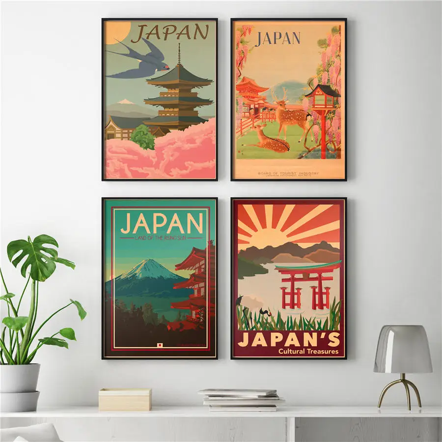 Японский постер расписанный вручную известные туристические места старое