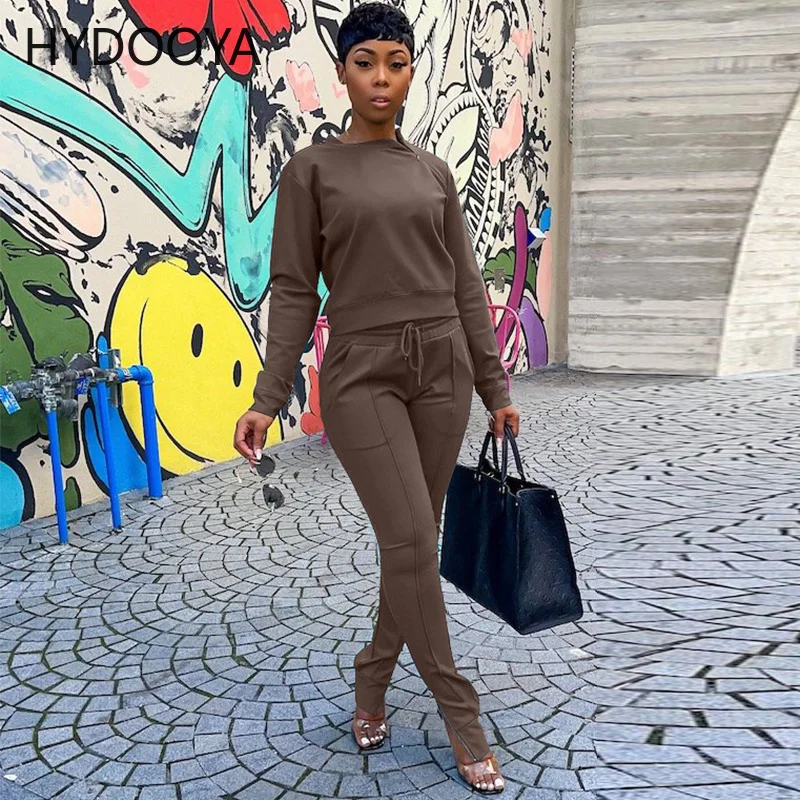 

Active Wear Sporty Fitness Two Piece Set Women Casual Long Sleeve Pullover Top+high Waist Drawstring Zipper Split Hem Sweatpants