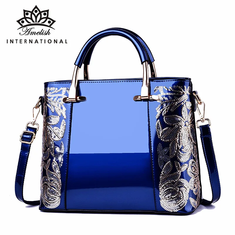 

AMELISH 2022 Patent Leather Shoulder Handbag for Women Luxury Brand Designer Flower Embroidery Business Lady Messenger Bags Tote