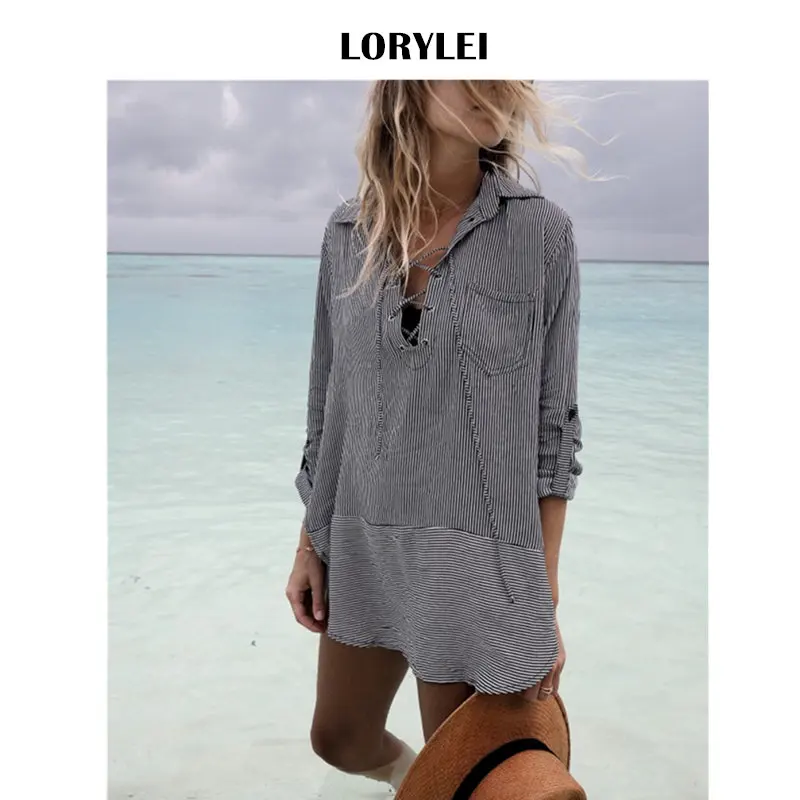 Модная пляжная блузка с отложным воротником на шнуровке закатывающимся рукавом