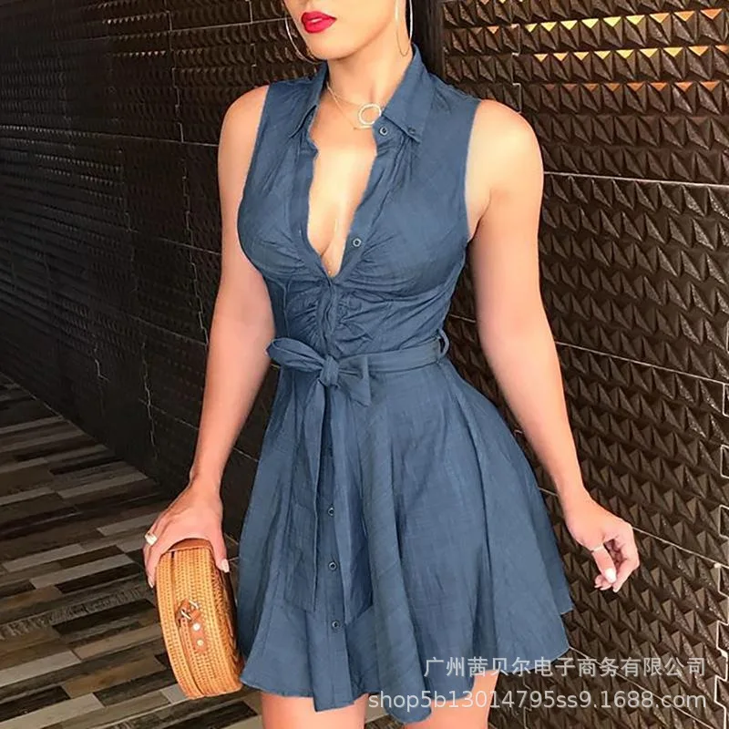 

Denim sleeveless light blue 2021 new denim sleeveless deep V shirt dress