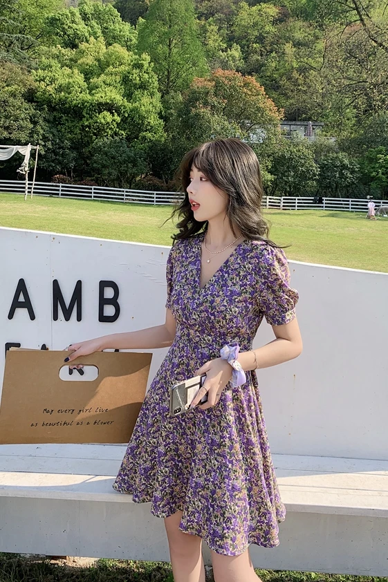 

Houthion New Short Sleeve Women's Dress Printing Chiffon V-neck Comfortable Fashion Tops Casual Korean Summer Dresses