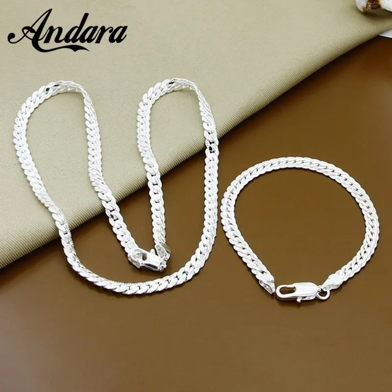 

New Trendy 925 Sterling Silver Full Sideways Necklace/Bracelet Jewelry Sets For Women Men Silver 925 Jewelry