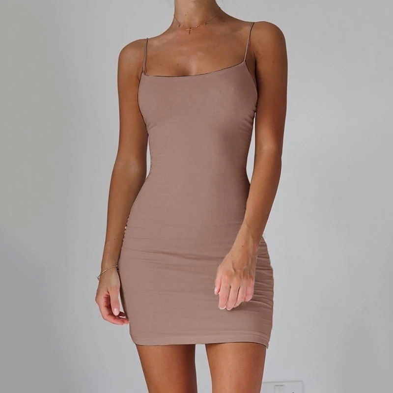 

Sexy Spaghetti StrapMini Dress Women Club Party Dresses 2020 Summer New Pure Color Sundress Plus Size XS-5XL