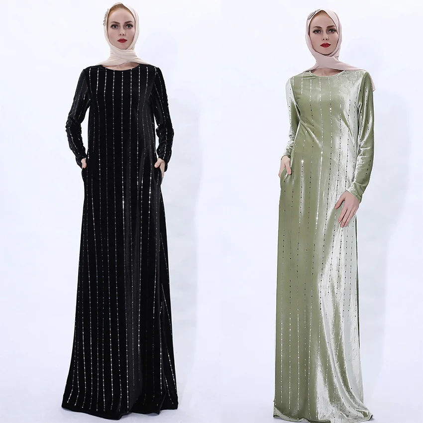 

Muslim Fashion Dress for Women Abaya Long Sleeve Dress Pleuche Sequins Elegant Islamic Clothing Eid Mubarak Ramadan Long Rove