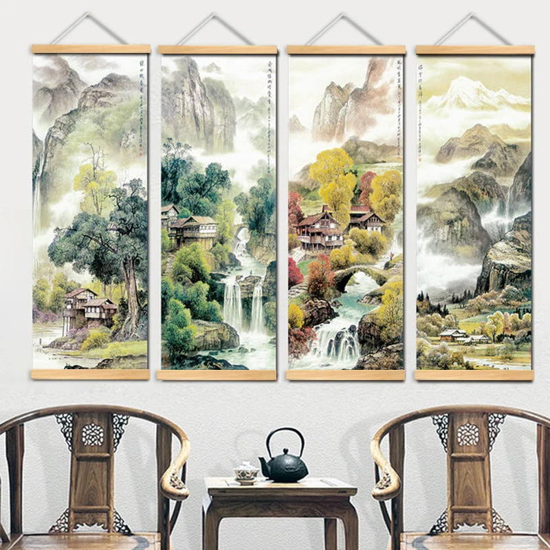 

Chinese Traditional Style Four Seasons Landscape Canvas for Living Room Wall Art Poster Solid Wood Scroll Paintings Home Decor