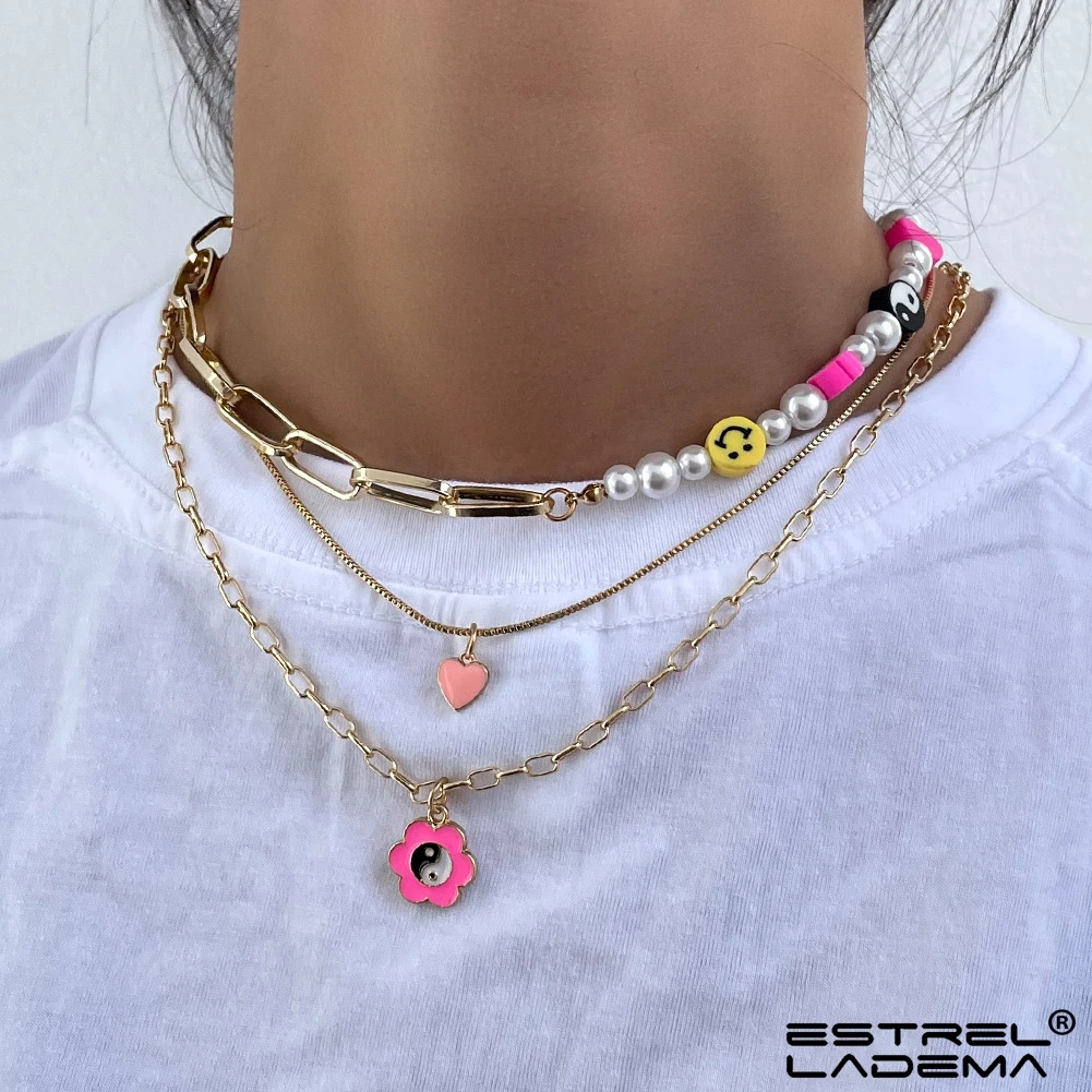

Boho Asymmetric Smiley Face Pearl Beads Chain Necklace For Women Multilayer Handmade Flower Heart Beaded Necklaces Jewelry Gift