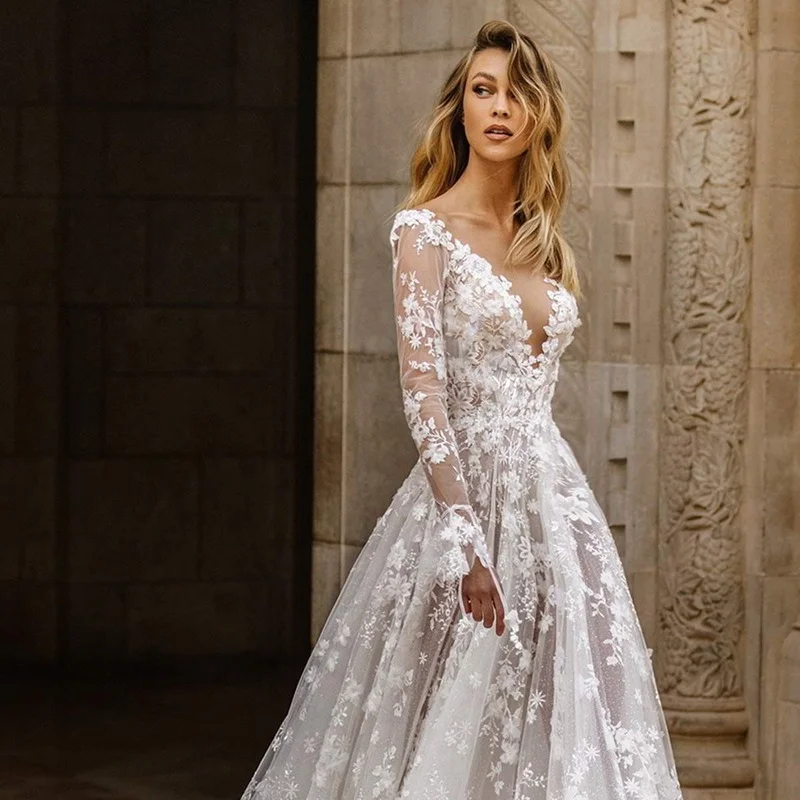 

White Evening Dress for Women Sexy Plus Size Bridesmaid Lace Prom Dress Long Sleeve Deep V Neck Backless Party Dress Lady 2021