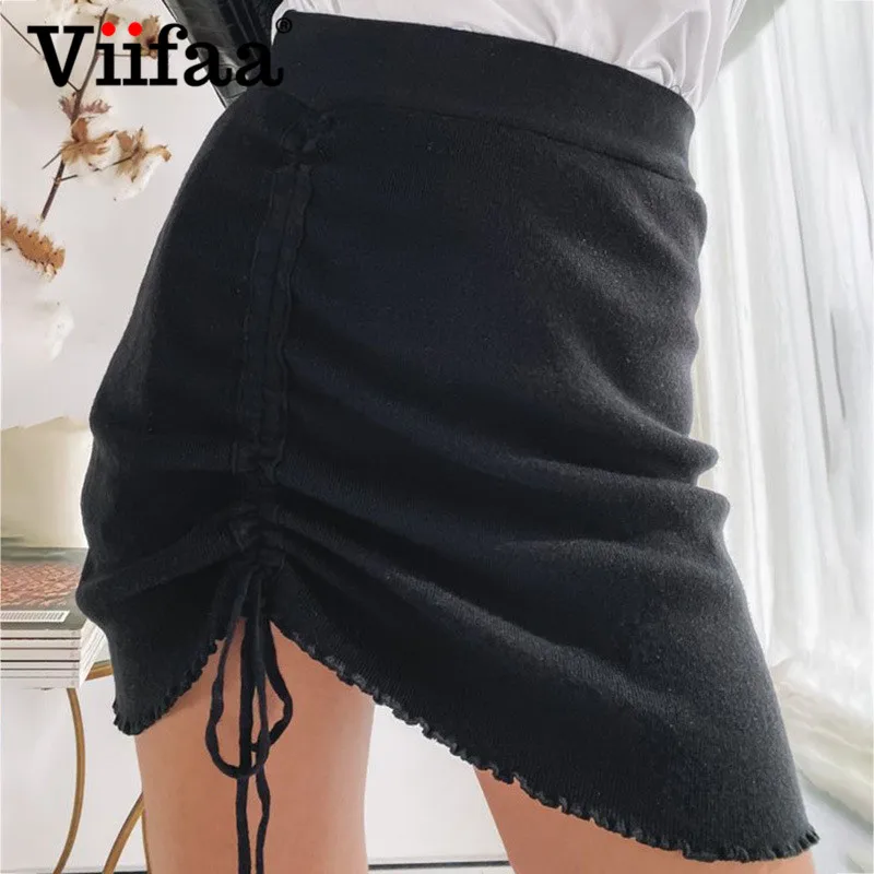 

Viifaa Drawstring Ruched Bodycon Mini Skirts Women 2021 Going Out High Waist Knitted Black Solid Summer Skirt