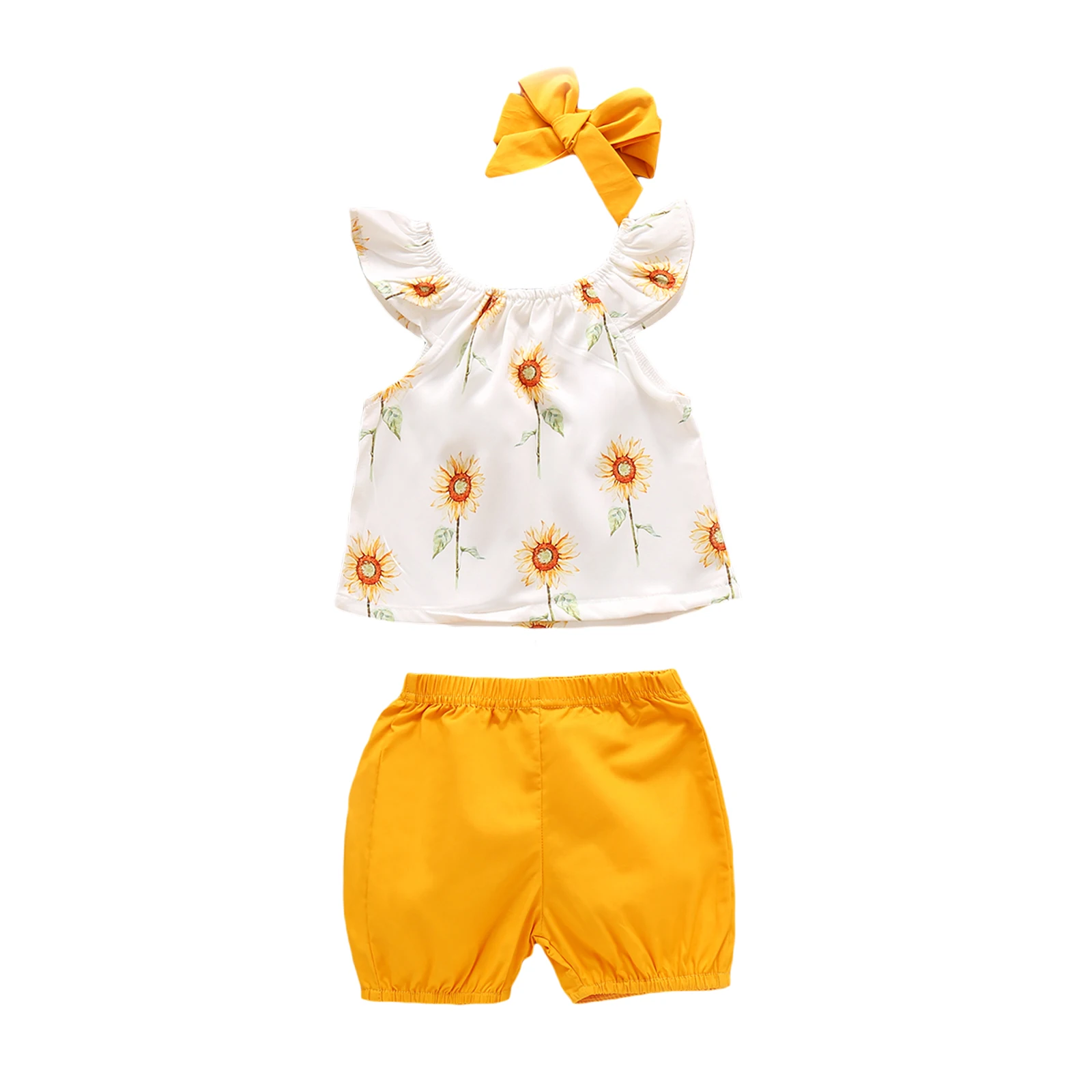 

Kids Baby Girls 3-piece Outfit Set Fly Sleeve Sunflower Print Tops+Shorts+Headband Set 1-5Years